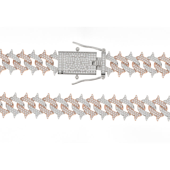Diamond Cuban Spiked Chain 2 Tone 18k Rose & White Gold Men's jewelry The Gold Gods Lock view close up 