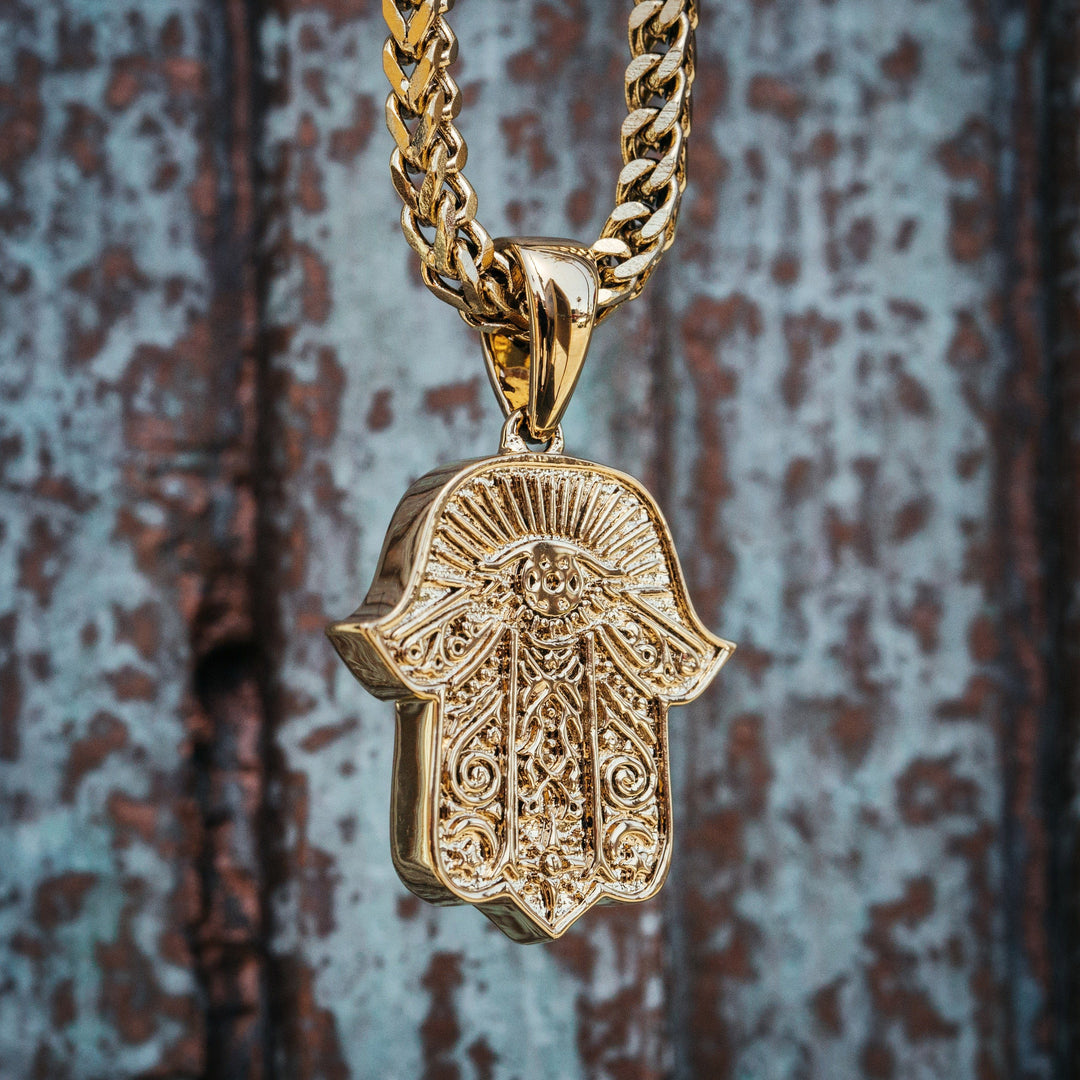 Hamsa Hand Gold Pendant Necklace & Franco Gold Chain The Gold Gods close up front view