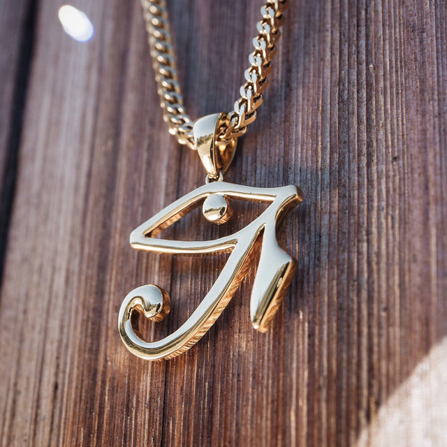 Eye of Horus Gold Necklace Pendant & Franco Box Chain The Gold Gods front view