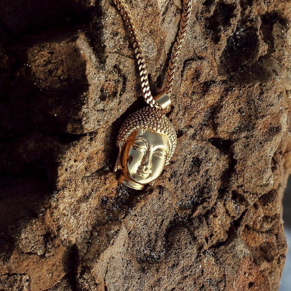 Micro Buddha Head Gold Necklace Pendant & Franco Box Chain The Gold Gods front view
