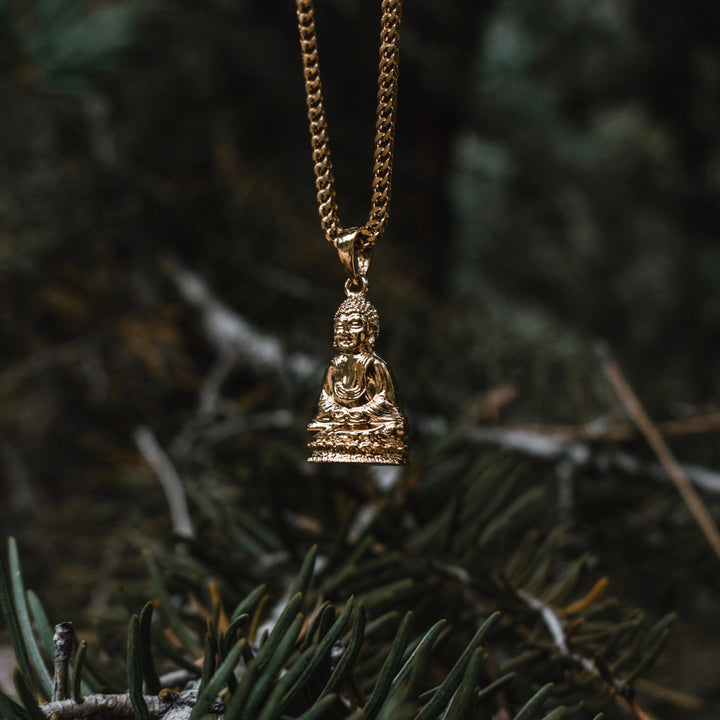 Sitting Buddha Piece Gold Necklace Pendant & Franco Chain The Gold Gods front view