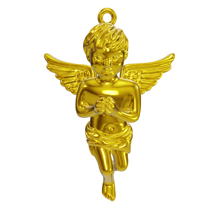 Micro Angel Piece Gold Necklace Pendant & Franco Gold Chain Gold Gods® front 3D view 
