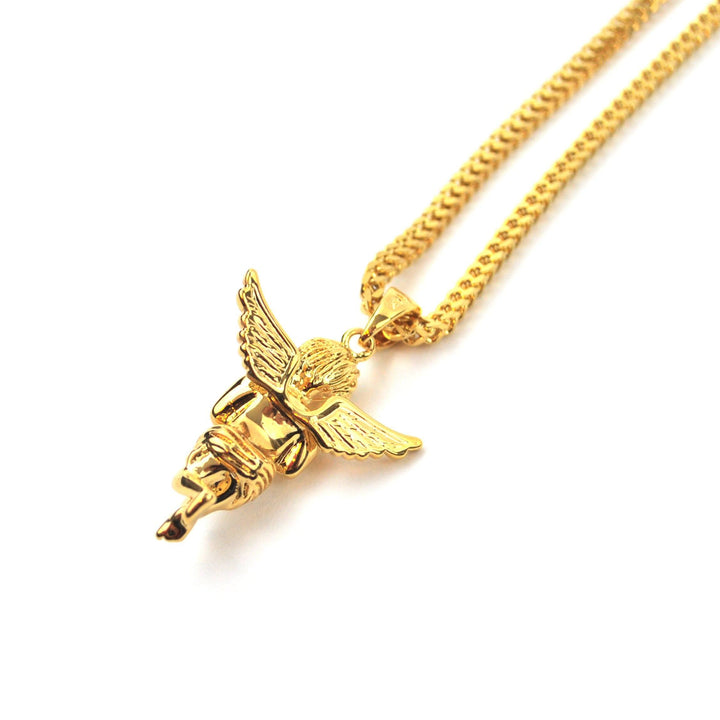 Micro Angel Piece Gold Necklace Pendant & Franco Gold Chain The Gold Gods side view