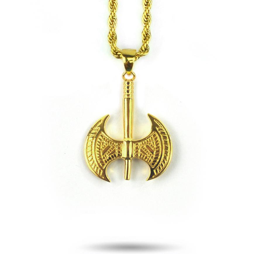 Battle Axe Necklace Pendant & Rope Gold Chain The Gold Gods front view