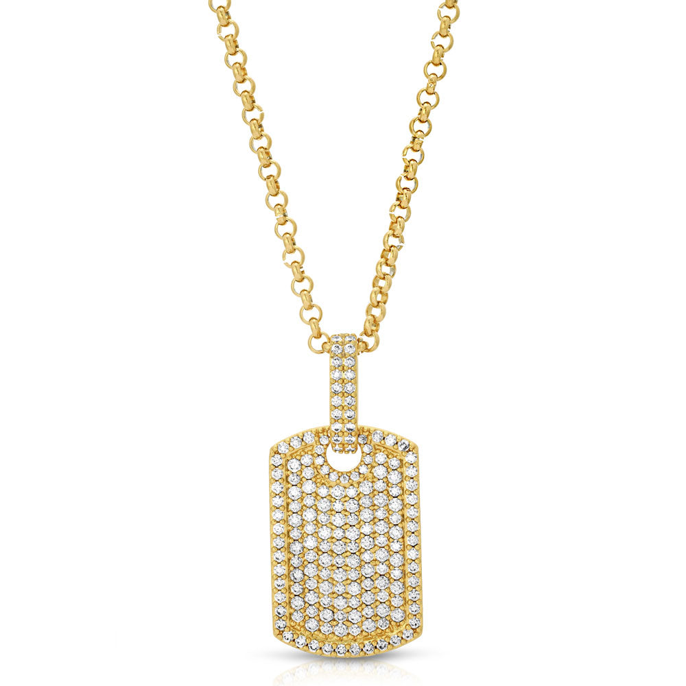 Micro Diamond Dog Tag Necklace & Mens Cable Gold Chain