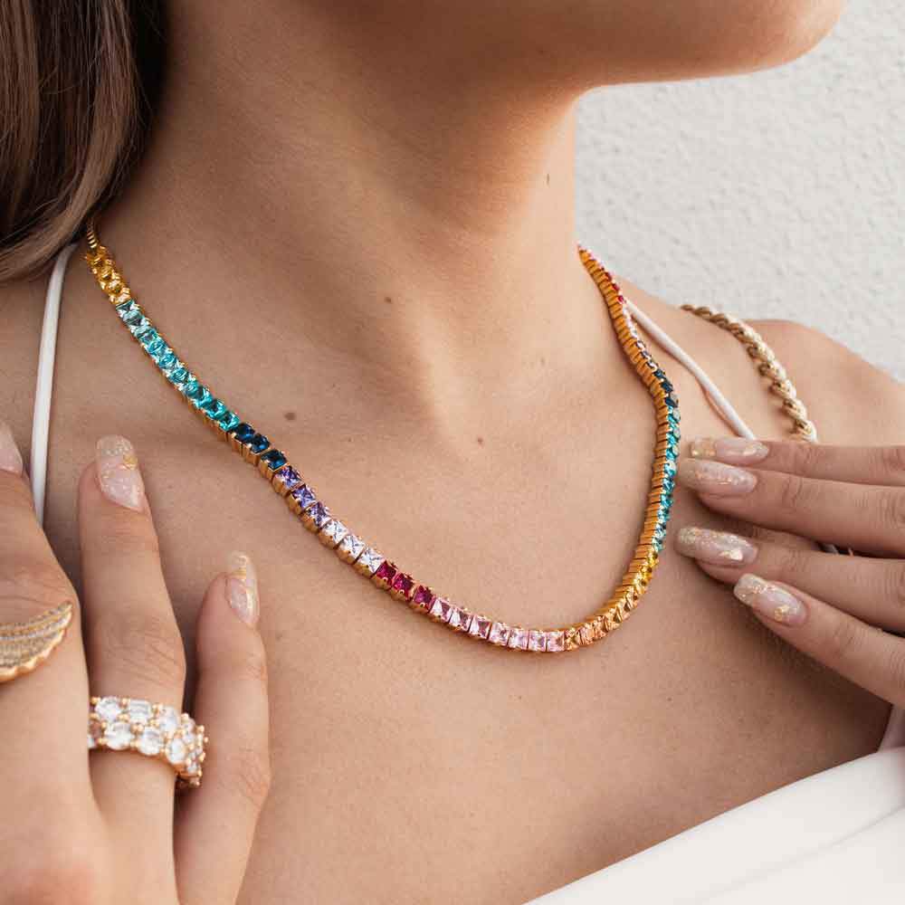 MRSXIA Gold Filled Choker Necklace For Women - Rainbow Round CZ Dangle, 18K Gold Plated, 15"-17" Adjustable