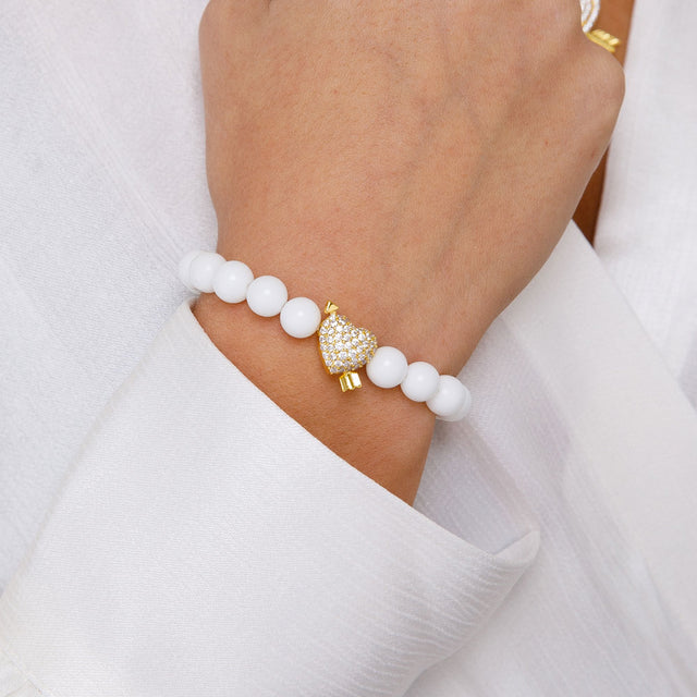 Women's Diamond Heart Glossy White Beaded Bracelet The Gold Goddess