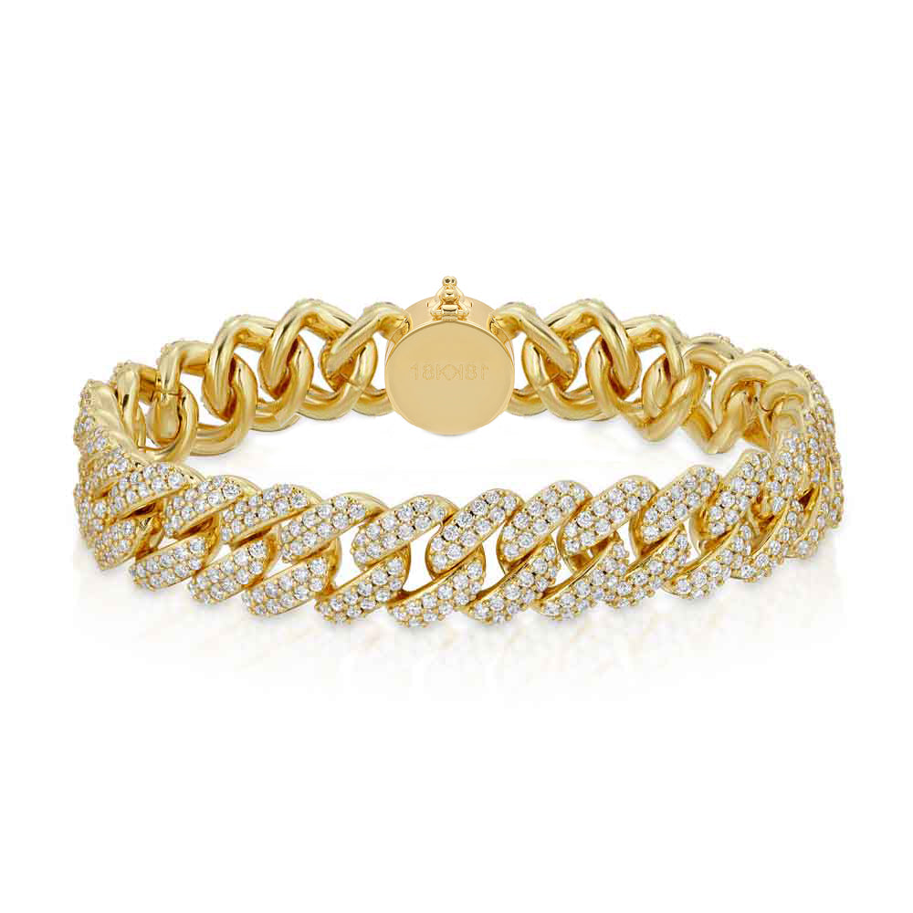 Diamond Prong Cuban Link Bracelet (12mm) in Yellow Gold - 9 Inches - Gold Presidents