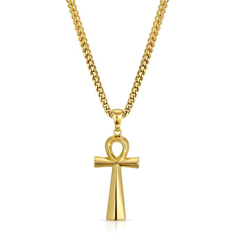 Micro Ankh Piece Gold Necklace Pendant & Franco Box Gold Chain The Gold Gods  front view 2