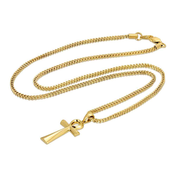 Micro Ankh Piece Gold Necklace Pendant & Franco Box Gold Chain The Gold Gods  side view