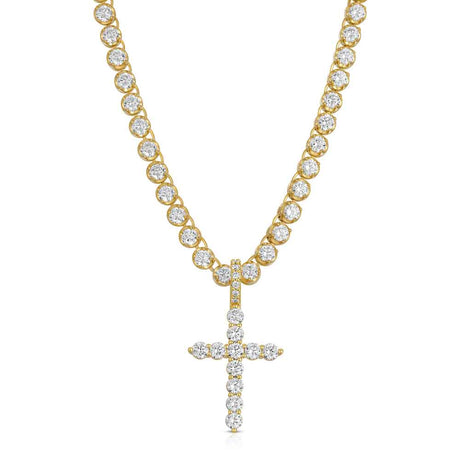 4mm Diamond Buttercup Tennis chain with diamond cross pendant The Gold Gods  