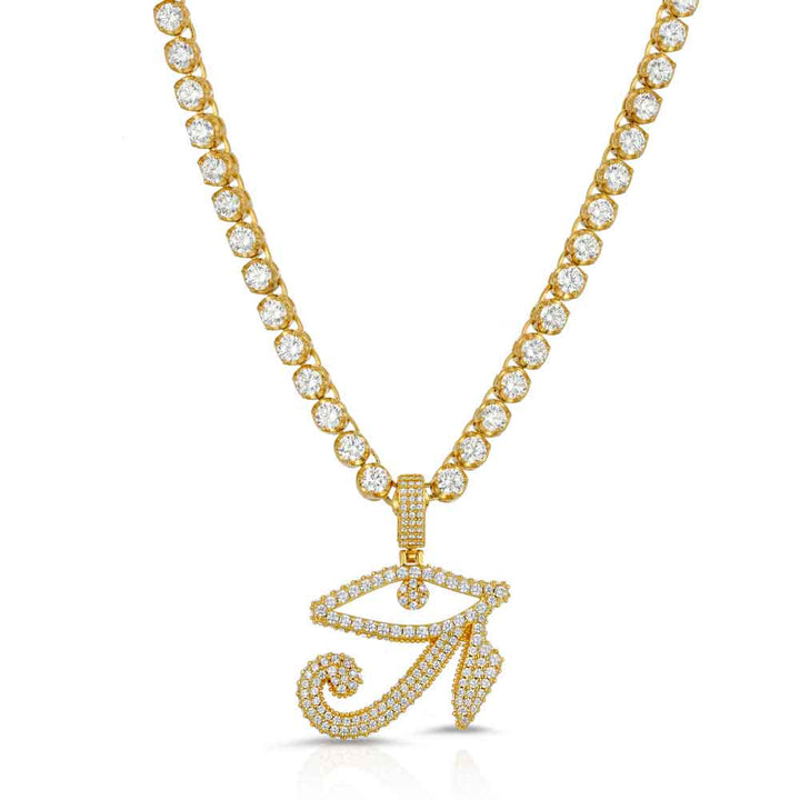 4mm Diamond Buttercup Tennis chain with diamond eye horus pendant The Gold Gods  