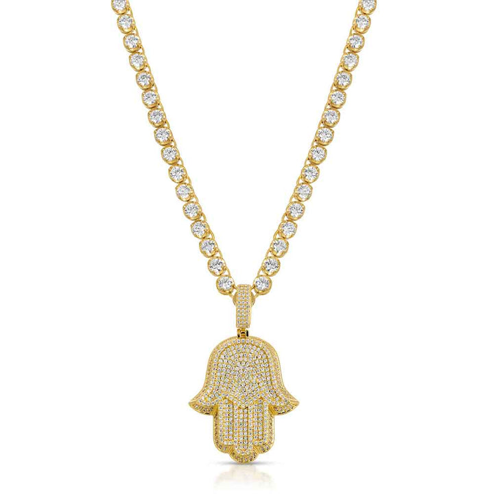 4mm Diamond Buttercup Tennis chain with diamond hansa hand pendant The Gold Gods  