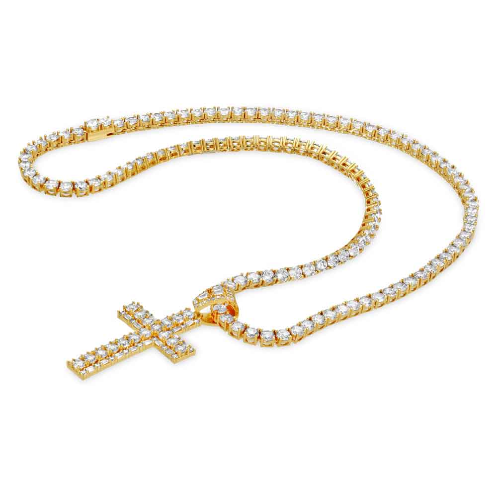 Diamond Emerald Cross Necklace & Mens Gold Tennis Chain 2