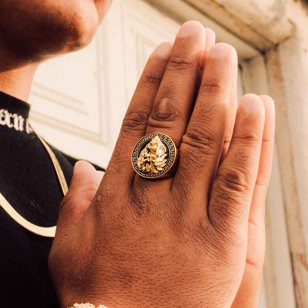 The Gold Gods Signature Lion Grecco Ring Lifestyle
