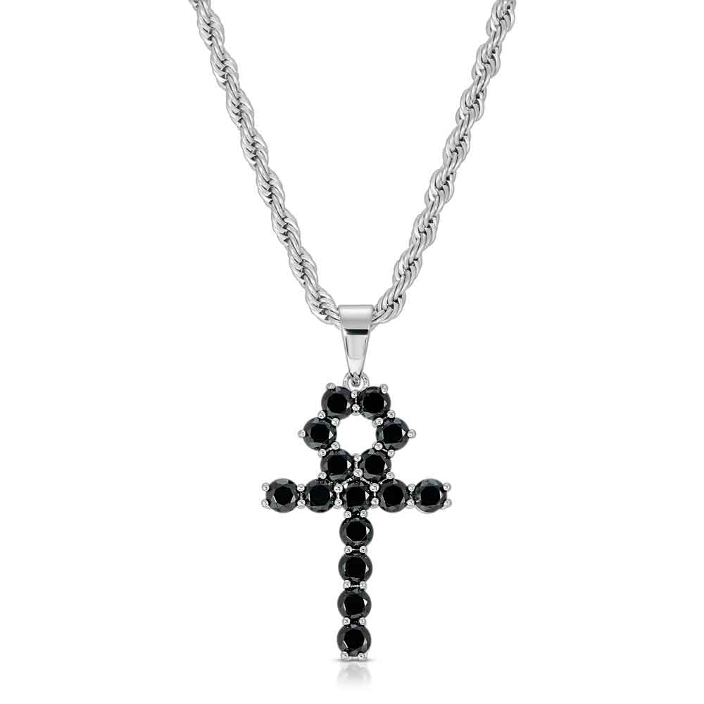 Micro Onyx Ankh Cross Necklace Pendant & Rope Chain White Gold