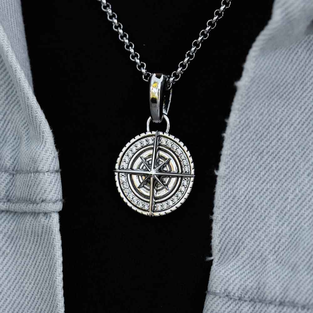 Sterling Silver Compass Symbol Heart Necklace Silver Compass
