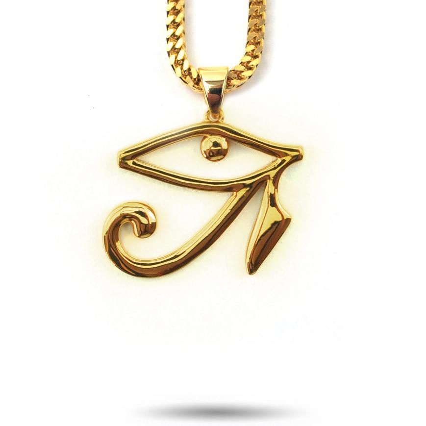 Eye of Horus Gold Necklace Pendant & Franco Box Chain The Gold Gods front view close up