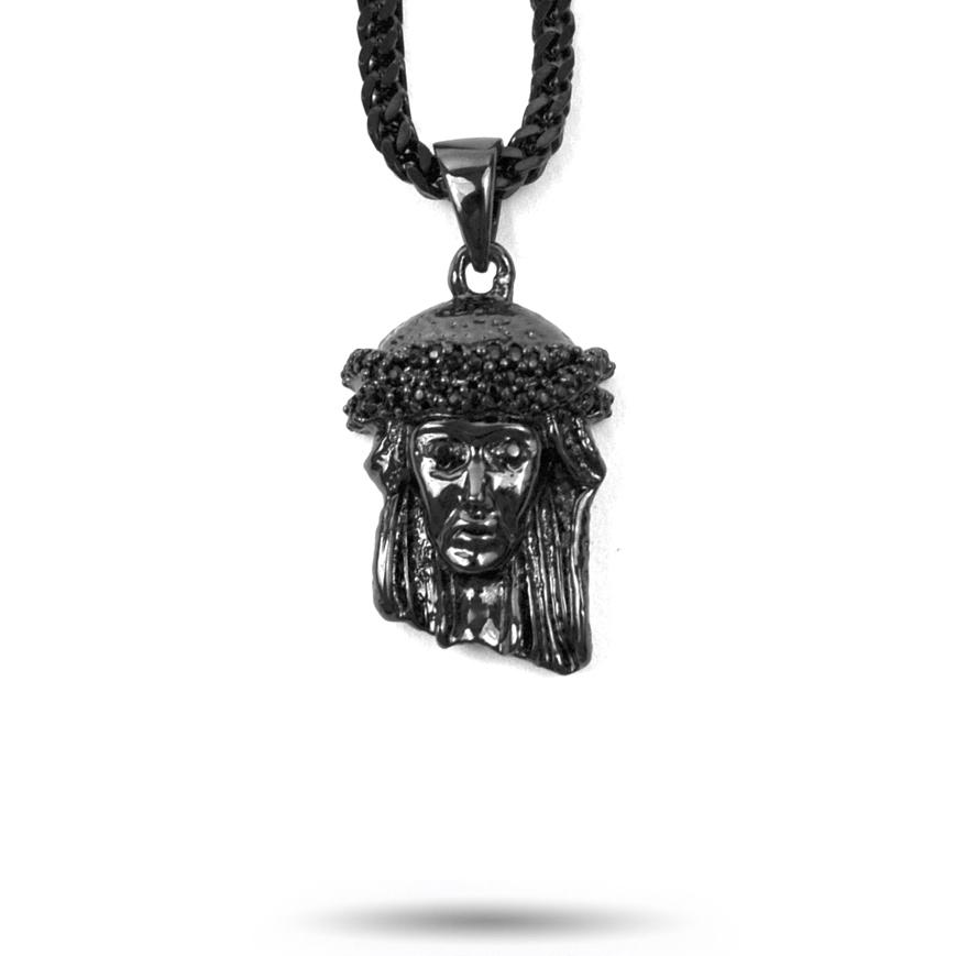 Jesus Piece Black Rhodium Edition Necklace Pendant & Franco Box Gold Chain The Gold Gods front view