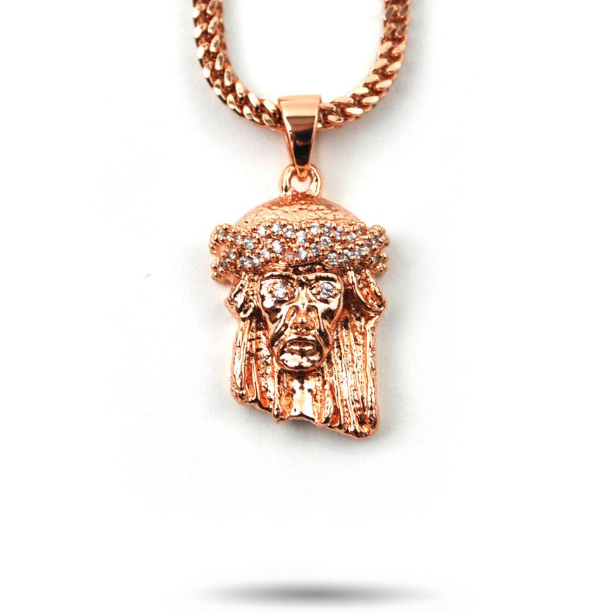 Jesus Piece Rose Gold Necklace Pendant & Franco Gold Chain The Gold Gods close up front view