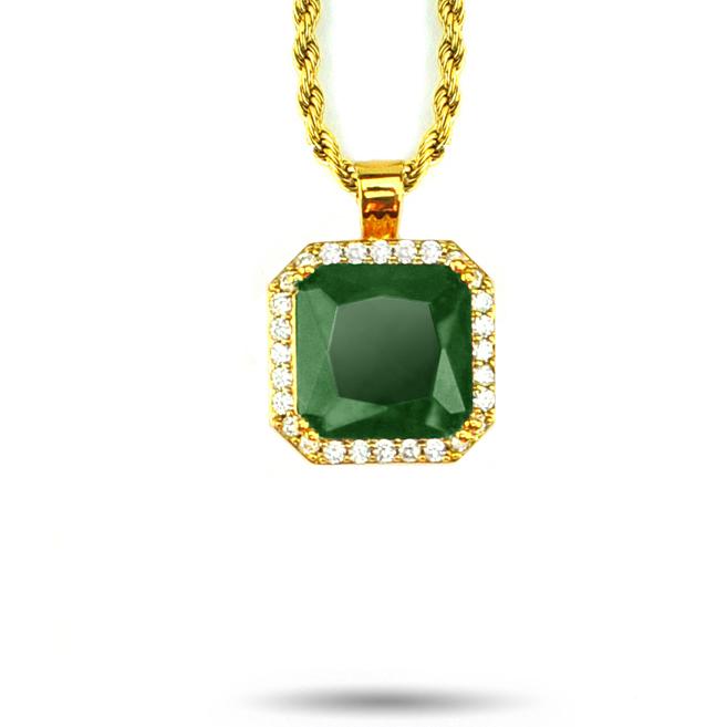 Aura Emerald Pendant Necklace & Rope Gold Chain The Gold Gods close up front view