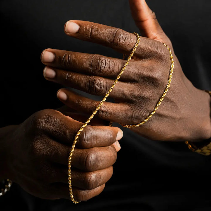18k Gold Plated Rope Chain mens jewelry The Gold Gods in hand