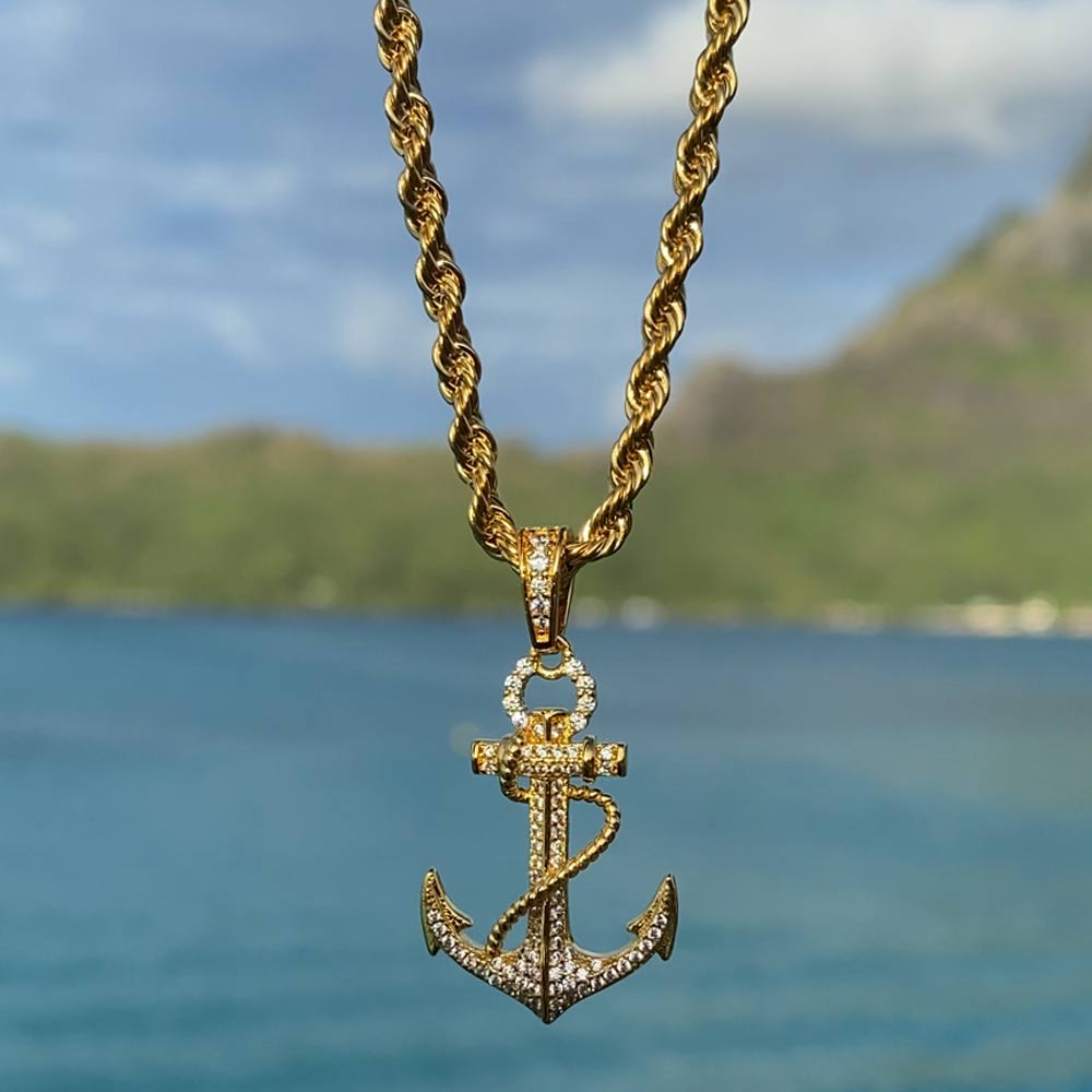 Diamond Anchor Necklace Pendant & Rope Chain