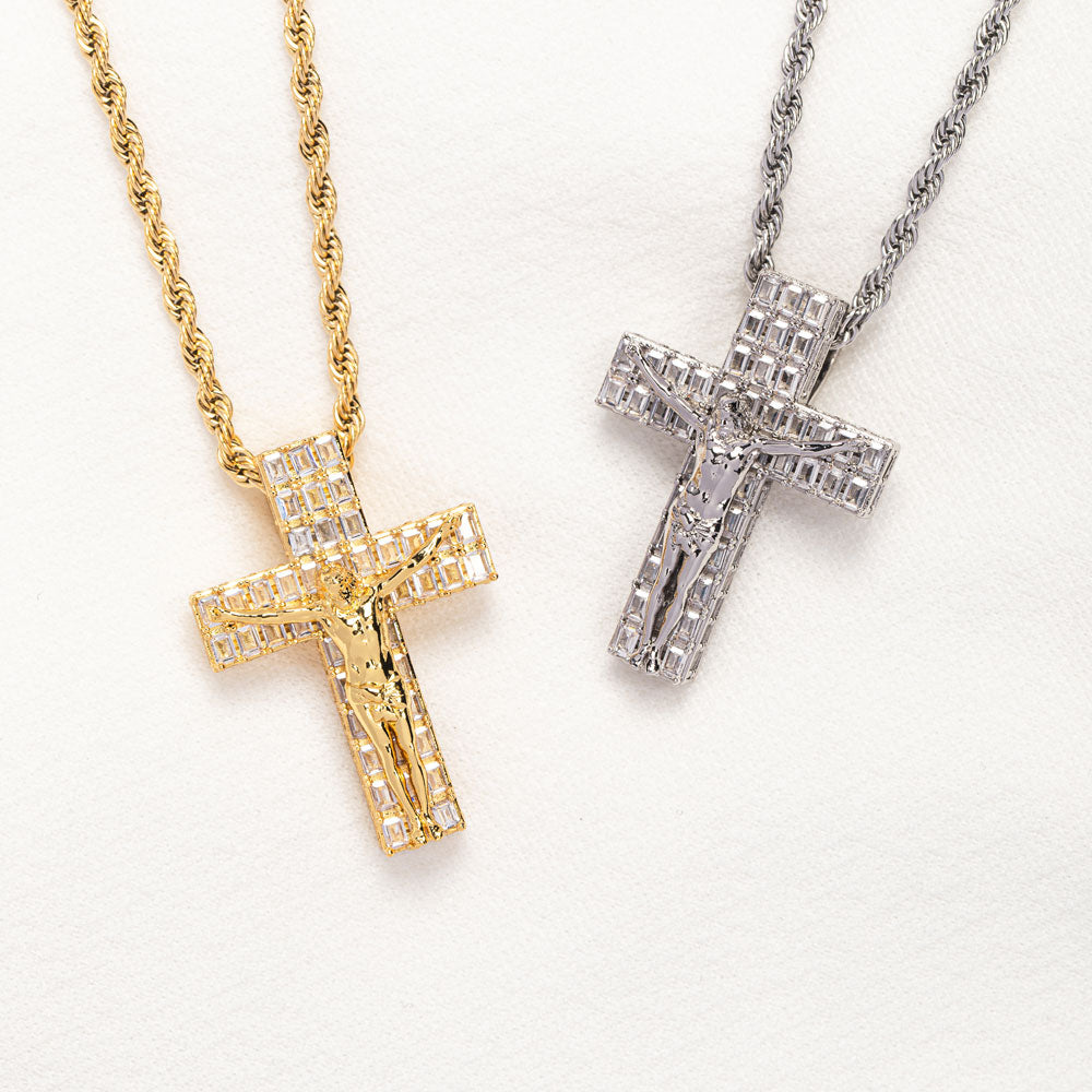 Diamond Baguette Crucifix Necklace Pendant & Rope Chain