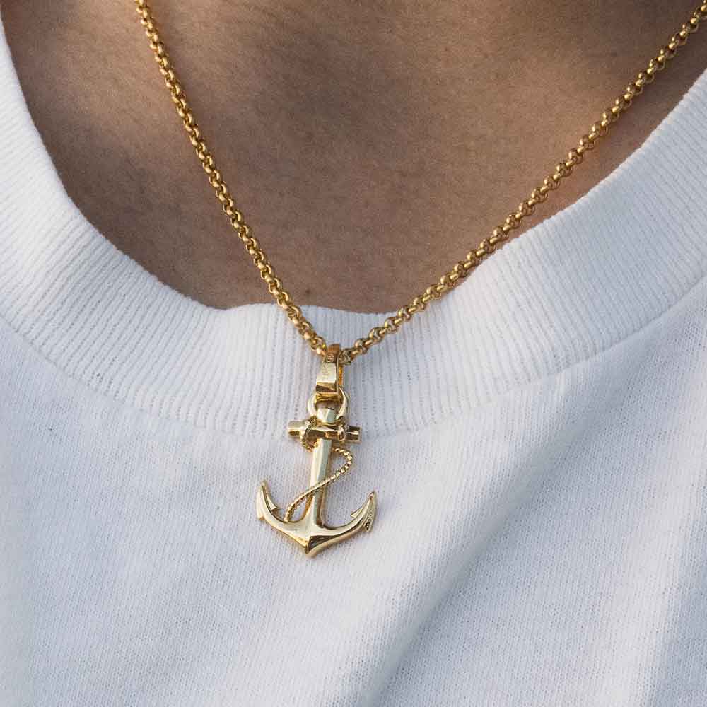 Anchor Pendant Necklace Rope Design 14k Yellow Gold Necklace