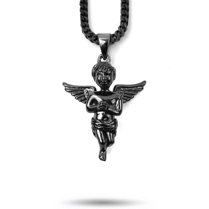 Micro Angel Piece Black Rhodium Necklace Pendant & Franco Gold Chain The Gold Gods front view