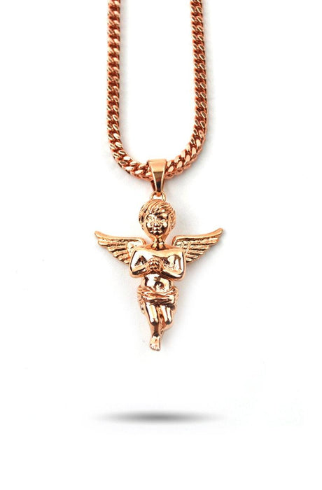 Micro Angel Piece Gold Necklace Pendant & Franco Gold Chain The Gold Gods front view Rose Gold