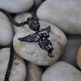 Micro Angel Piece Gold Necklace Pendant & Franco Gold Chain The Gold Gods side view in black