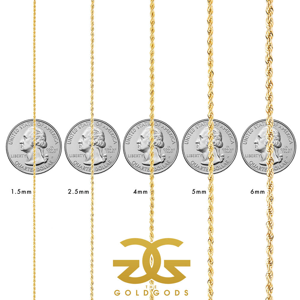 The The Gold Gods Solid Rope Chain size chart