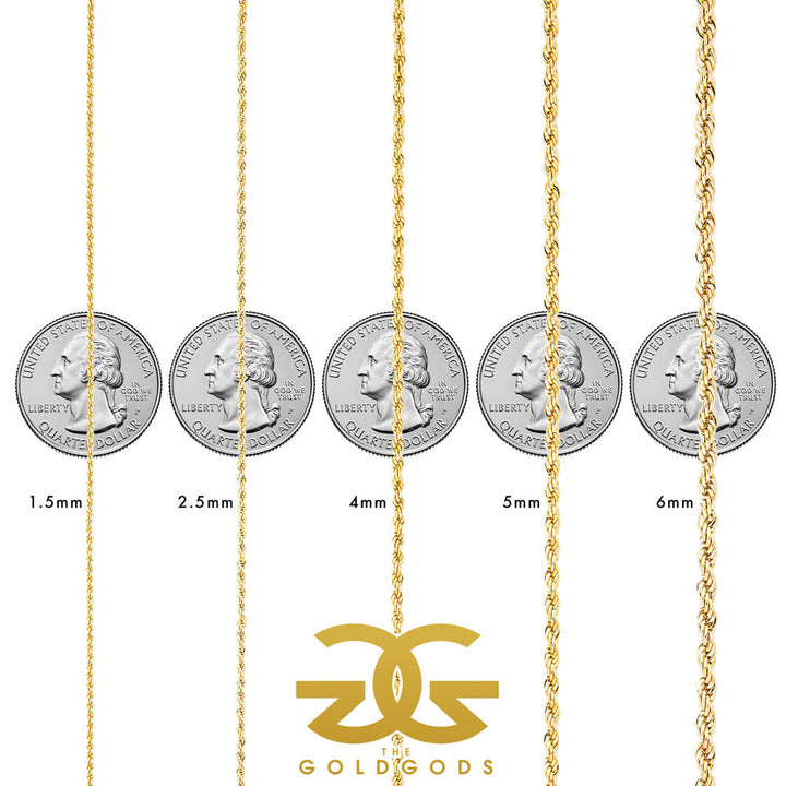 The Gold Gods Rope Chain size chart