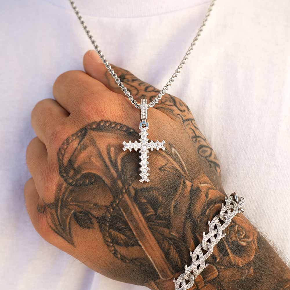 Flooded Diamond Cross Necklace in White Gold - The Gold Gods Lifestyle look
