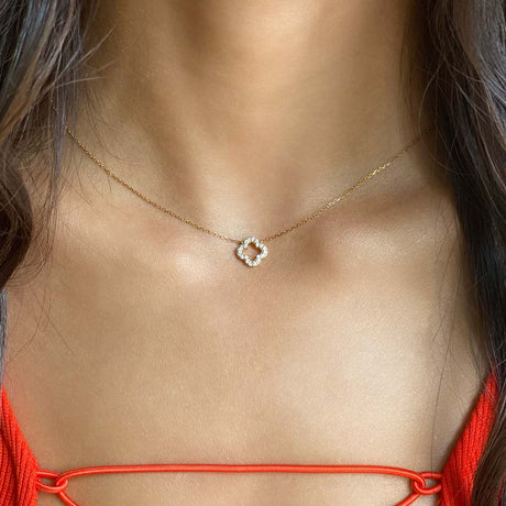 Womens 14k Solid Gold Diamond Clover Necklace Front | The Gold Goddess