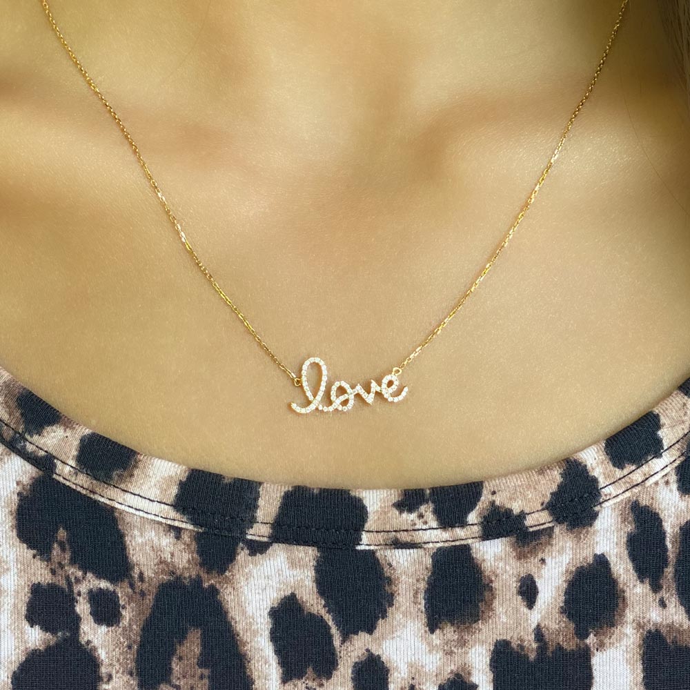 Womens 14k Solid Gold Diamond Love Mini Necklace Zoom | The Gold Goddess