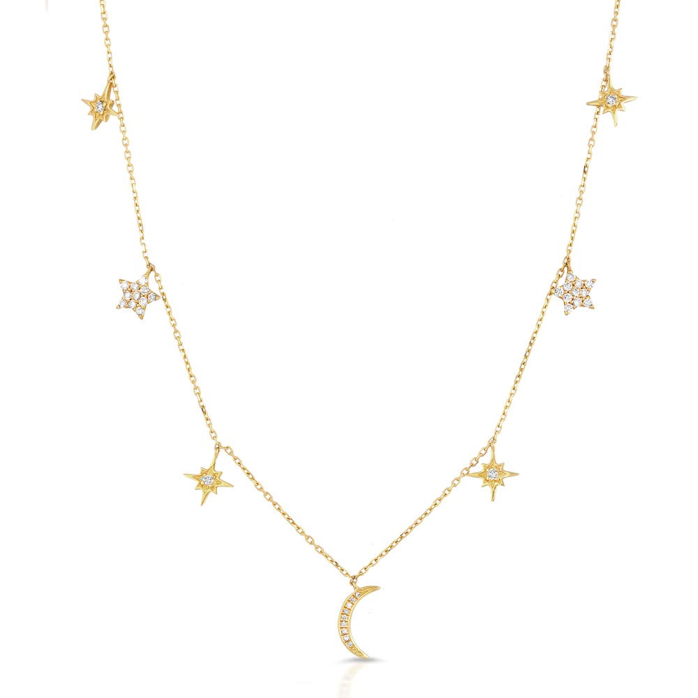 Womens 14k Solid Gold Diamond Moon and Stars Necklace Front | The Gold Goddess 2