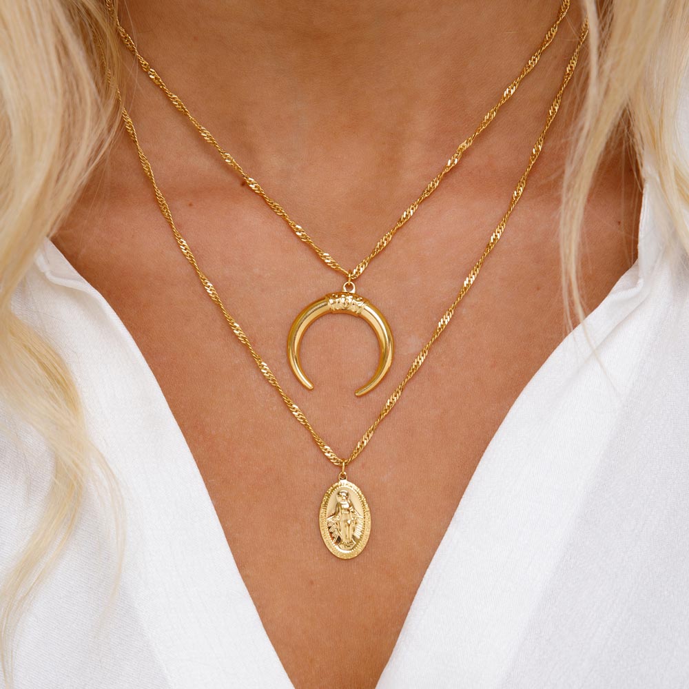 Womens Layered Crescent Virgin Mary Necklace The Gold Goddess